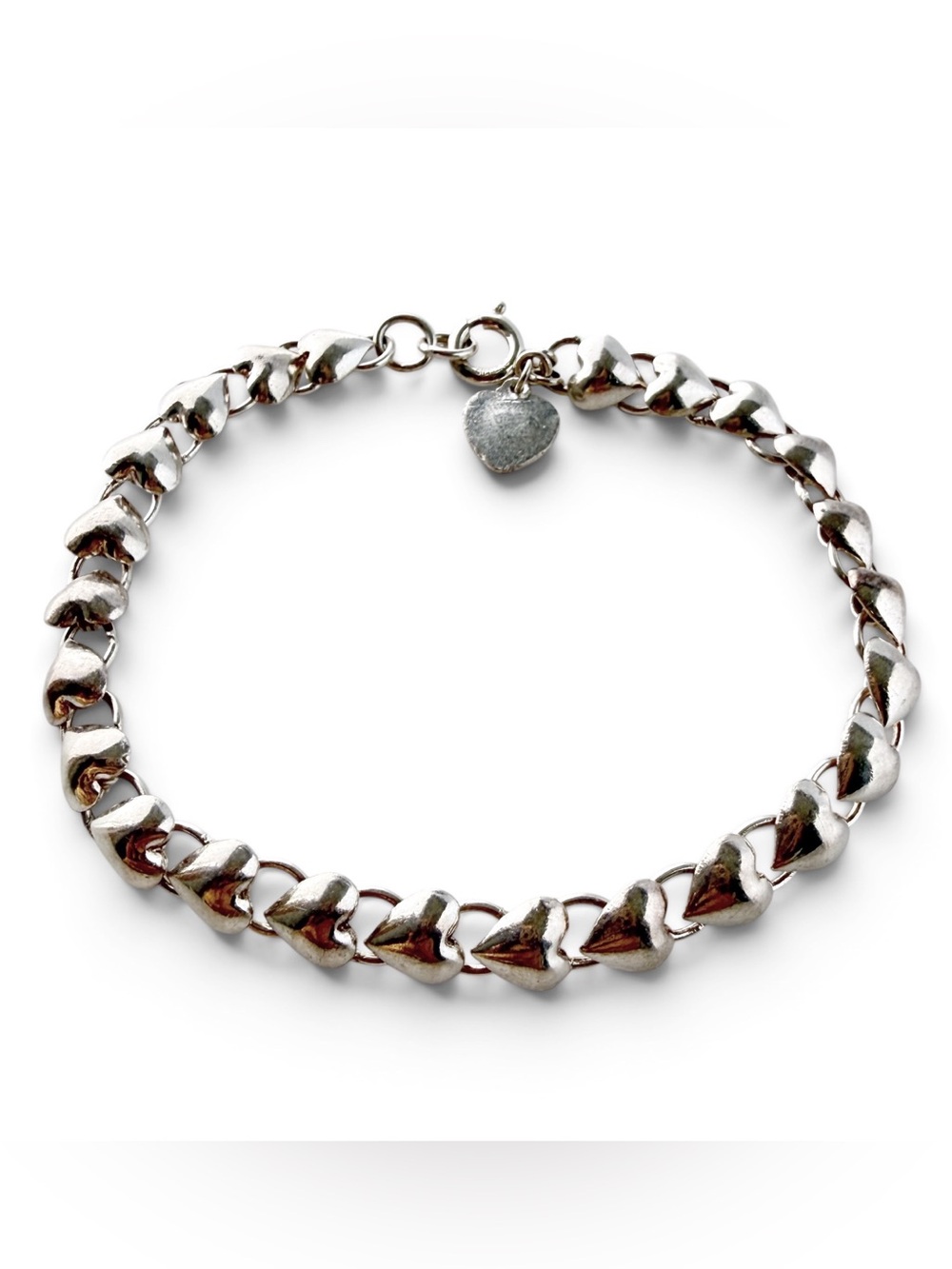 Sterling Silver 925 Puffy Heart Link Bracelet Dainty Delicate 7 3/8”